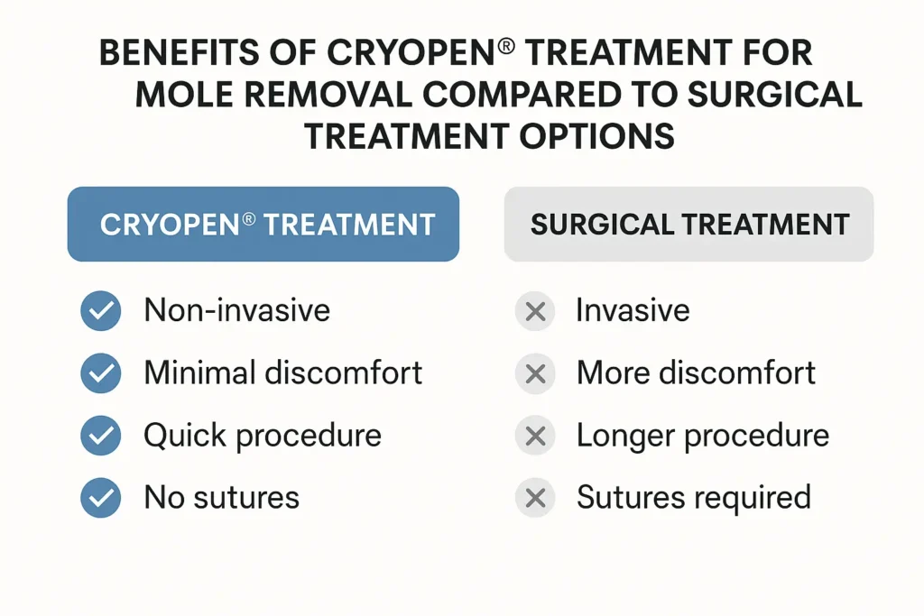Table to show the benefits of getting moles removed Small Heath from LA LIPO