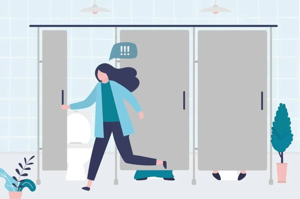 graphic of Urine incontinence Small Heath woman running to the toilet.