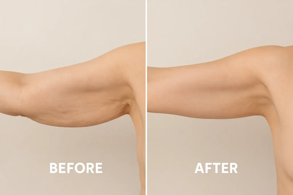 Picture of LA LIPO Small Heath before and after results of skin tightening treatment on the upper arms.