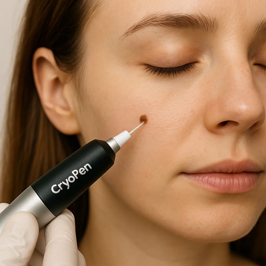 woman receiving facial mole removal Small Heath using cryopen