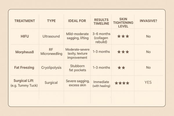 Table showing the comparisons of Skin tightening Small Heath treatment options.